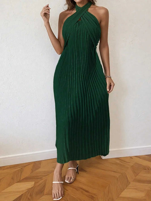 Elegant green pleated halter neck midi dress with tied detail and no stretch, made from 100% polyester.