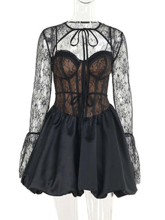 Sweetheart neck lace two-piece dress and cover-up set with sheer lace sleeves and fitted bodice in black