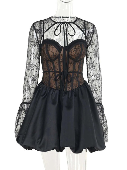 Sweetheart neck lace two-piece dress and cover-up set with sheer lace sleeves and fitted bodice in black