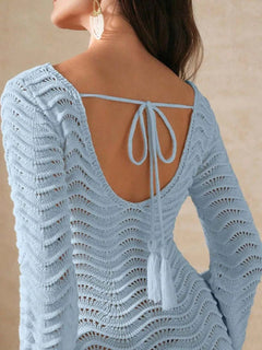 Wave Openwork Crochet Maxi Knit Dress with cutout and tied back detail.