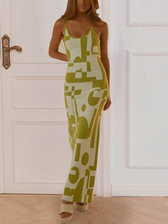 Spaghetti Strap Maxi Sweater Dress in patterned green, featuring a chic and cozy design with delicate straps, perfect for fall and winter fashion.