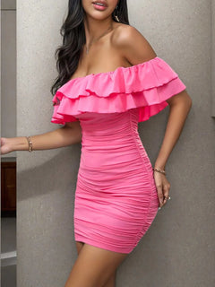 Pink off-shoulder ruffle bodycon dress with ruched detailing and layered design