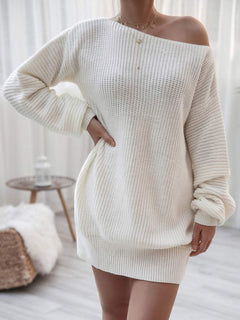White rib-knit mini sweater dress with long sleeves and off-shoulder neckline in soft acrylic fabric