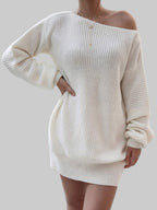 White rib-knit mini sweater dress with long sleeves and off-shoulder neckline in soft acrylic fabric