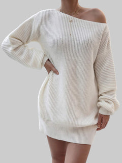White rib-knit mini sweater dress with long sleeves and off-shoulder neckline in soft acrylic fabric