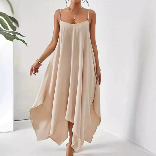 Beige scoop neck midi cami dress with handkerchief hem, sleeveless and loose fit for effortless chic style.