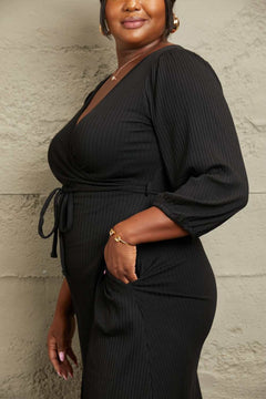 Plus size Culture Code black surplice wrap midi dress with long ruched sleeves and waist tie
