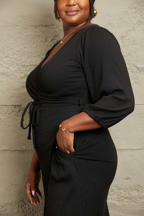 Plus size Culture Code black surplice wrap midi dress with long ruched sleeves and waist tie