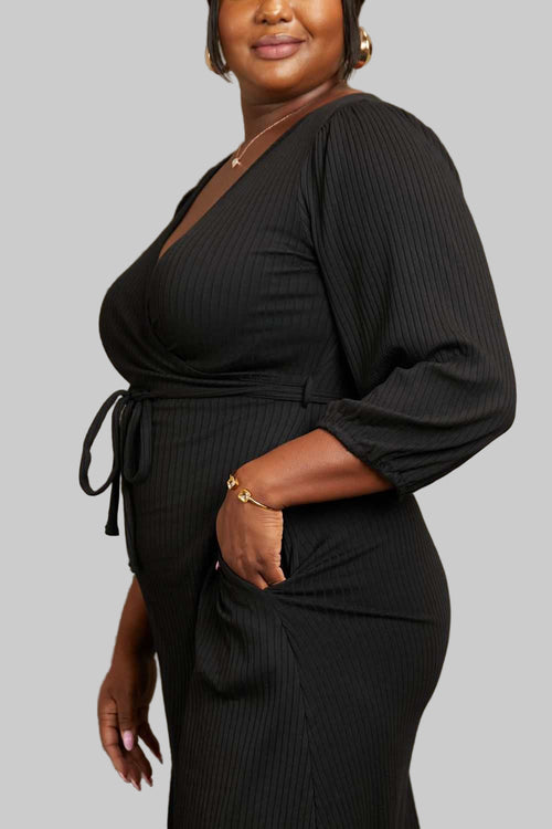 Plus size Culture Code black surplice wrap midi dress with long ruched sleeves and waist tie
