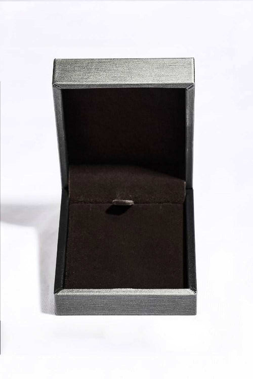 Empty gray jewelry box with black interior for 1 carat moissanite sterling silver necklace