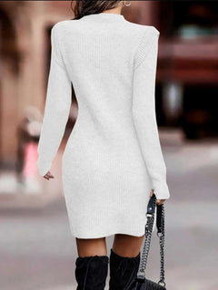 Plus size full size ribbed knit bodycon sweater dress in light gray with long sleeves and moderate stretch