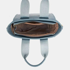 David Jones Small Handbag with Embossed Pattern Handles in blue, top view displaying interior storage and zipper.