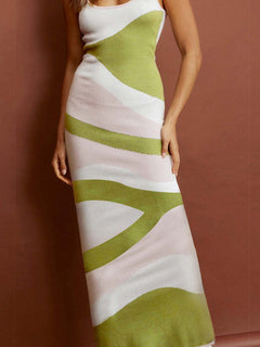 Spaghetti Strap Maxi Sweater Dress with green and white patterns, elegant and cozy.