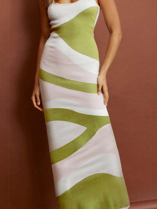 Spaghetti Strap Maxi Sweater Dress with green and white patterns, elegant and cozy.