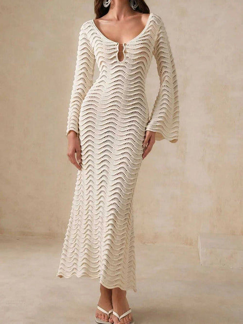 Wave openwork crochet maxi knit dress with cutout and tie detail.