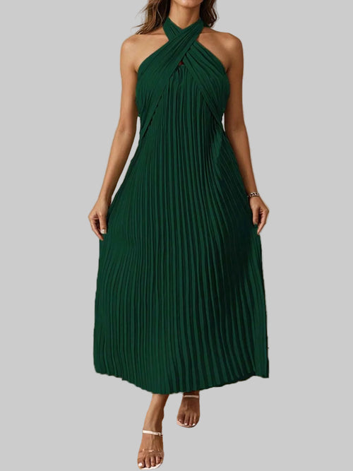 Green pleated halter neck midi dress with a tied neckline and no stretch, made of 100% polyester.