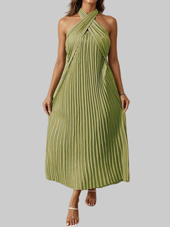 Green pleated halter neck midi dress with tied neckline and no stretch polyester fabric.