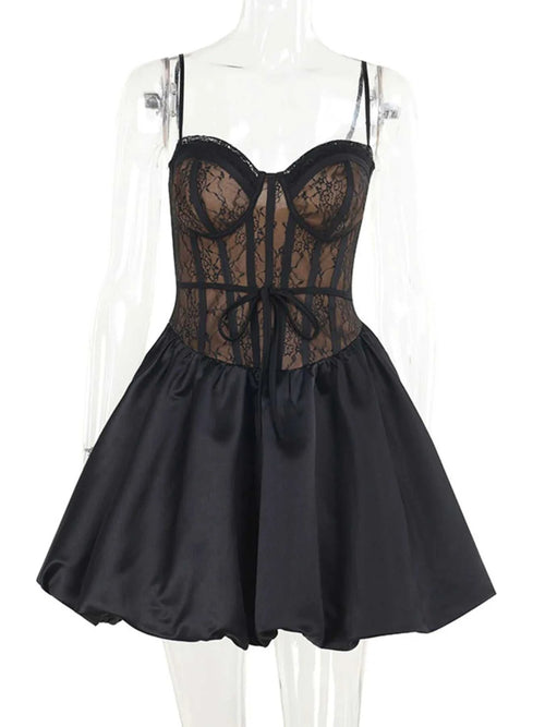 Black sweetheart neck lace dress with sheer bodice and satin skirt two-piece set