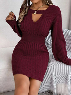 Cable-knit cutout round neck slit sweater dress in burgundy with moderate stretch and long sleeves