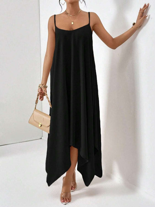 Black scoop neck midi cami dress with spaghetti straps and asymmetrical hem