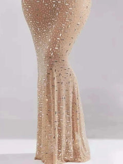Rhinestone spaghetti strap maxi dress in beige with sparkling embellishments and slight stretch polyester fabric