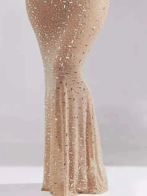 Rhinestone spaghetti strap maxi dress in beige with sparkling embellishments and slight stretch polyester fabric