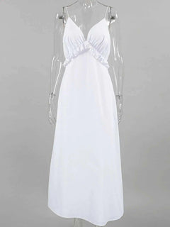 White ruffled V-neck maxi dress with thin straps and cotton lining on clear mannequin