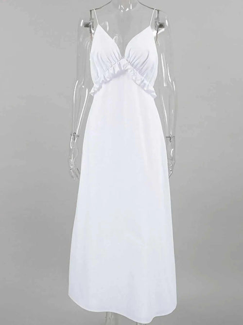 White ruffled V-neck maxi dress with thin straps and cotton lining on clear mannequin