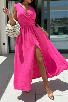 Surplice sleeveless slit maxi dress in pink, polyester, with side split.
