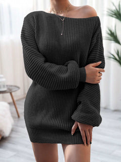 black rib-knit mini sweater dress with off-shoulder neckline and long sleeves