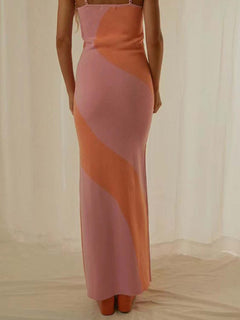 Spaghetti Strap Maxi Sweater Dress with color-block design and flowing silhouette.