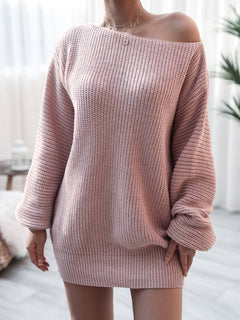 Pink rib-knit mini sweater dress with off-shoulder design and long sleeves in soft acrylic material