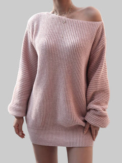 Pink rib-knit mini sweater dress with off-shoulder design and long sleeves in soft acrylic material
