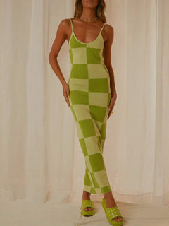 Spaghetti Strap Maxi Sweater Dress in green checkered pattern with a chic maxi silhouette.