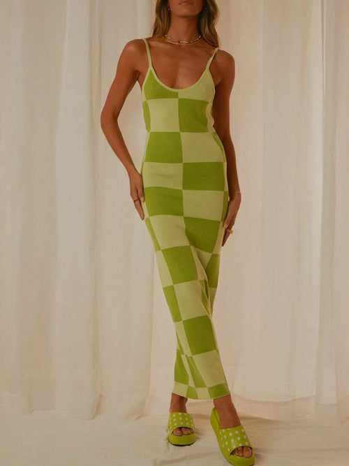 Spaghetti Strap Maxi Sweater Dress in green checkered pattern with a chic maxi silhouette.