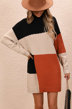 Color block mock neck mini sweater dress with dropped shoulders and long sleeves in black, beige, and rust colors