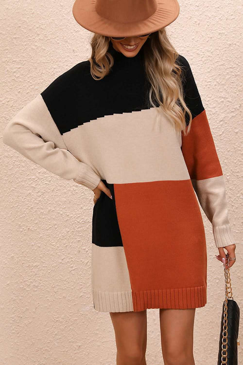 Color block mock neck mini sweater dress with dropped shoulders and long sleeves in black, beige, and rust colors