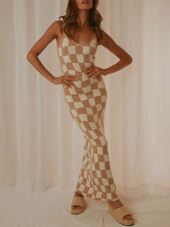 Spaghetti Strap Maxi Sweater Dress with checkered pattern in beige, featuring a flowing silhouette and cozy knit fabric.