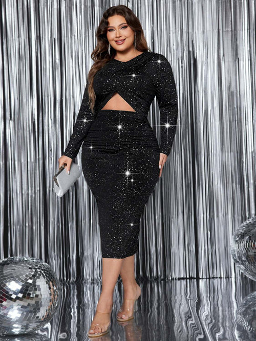 Plus Size Long Sleeve Honey Cutout Slit Round Neck Chic Dress