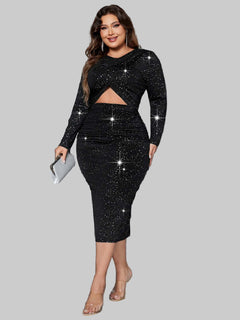 Plus Size Long Sleeve Honey Cutout Slit Round Neck Chic Dress