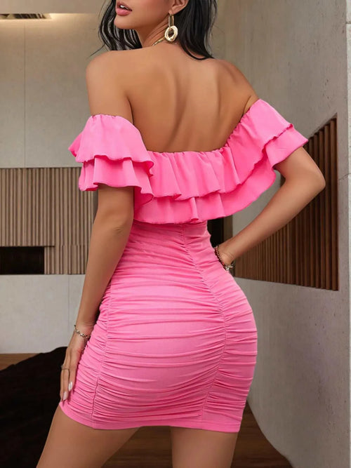 Pink off-shoulder ruffle bodycon dress with layered ruffles and ruched stretchy fabric