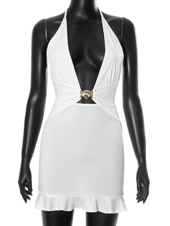 Ruffled hem halter neck mini dress, backless, slightly stretchy polyester.