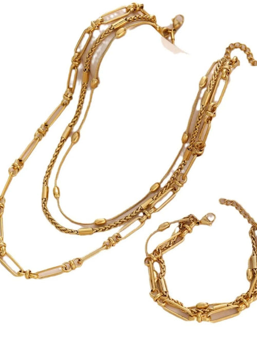 18K gold-plated layered chain necklace and bracelet set made of stainless steel