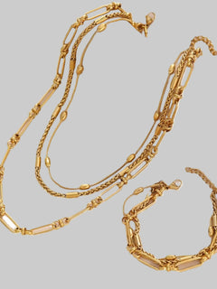 18K gold-plated layered chain necklace and bracelet set made of stainless steel