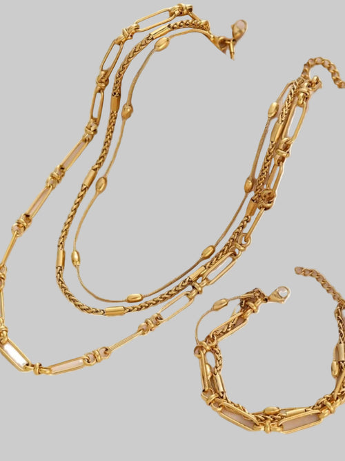 18K gold-plated layered chain necklace and bracelet set made of stainless steel