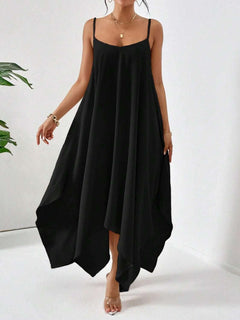 Black scoop neck midi cami dress with spaghetti straps and flowy asymmetrical hemline