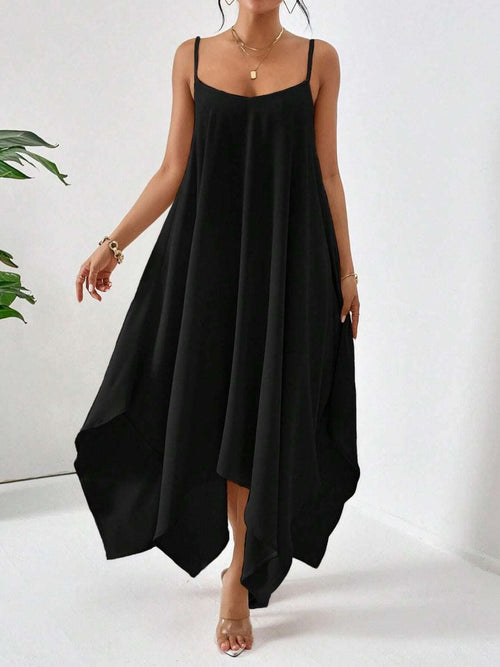 Black scoop neck midi cami dress with spaghetti straps and flowy asymmetrical hemline