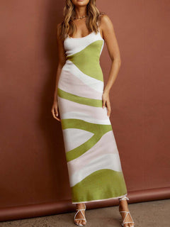 Spaghetti Strap Maxi Sweater Dress with abstract pattern in green and white tones.