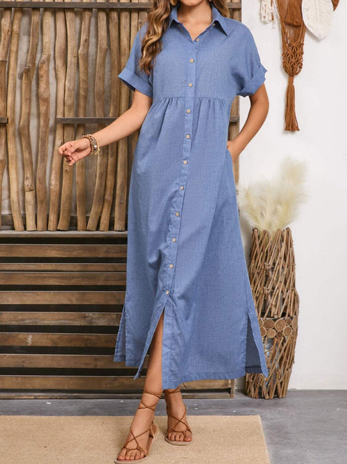 Blue buttoned midi dress with collar and front slit, perfect for casual and formal events