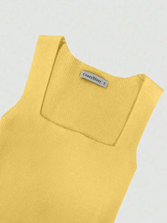 Yellow ribbed knit bodycon dress with square neckline and sleeveless design